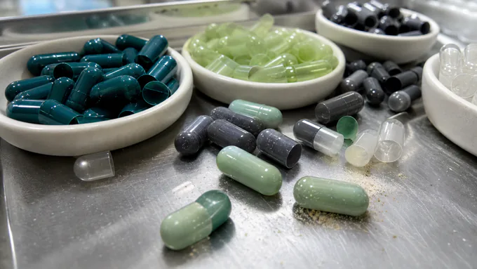Array of blank capsule shells in multiple sizes and colors prepared for production matching