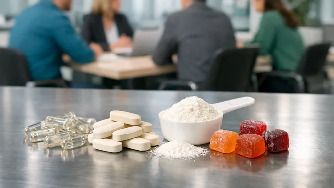 Assorted supplement formats-capsules, tablets, powder scoop, and gummy pieces-set on stainless production surface