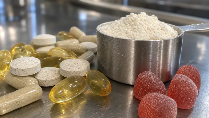 Assorted supplement formats including capsules, tablets, powder scoop, and gummy pieces on a stainless production surface