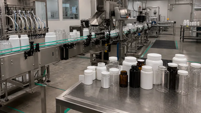 Assorted unlabeled HDPE, PET, and glass supplement bottles and jars with various cap styles and safety seals