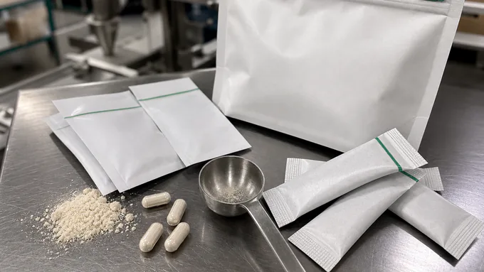Assortment of blank dietary supplement sachets, stick packs, and resealable pouches displayed in a clean packaging setting