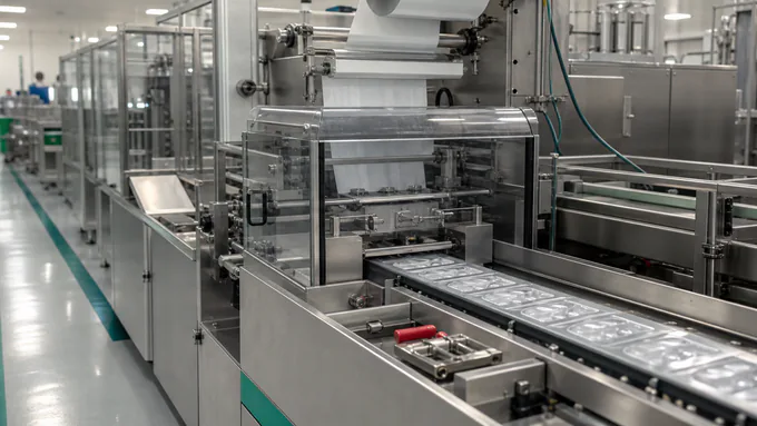 Automated blister pack sealing line applying foil lids in a clean production facility