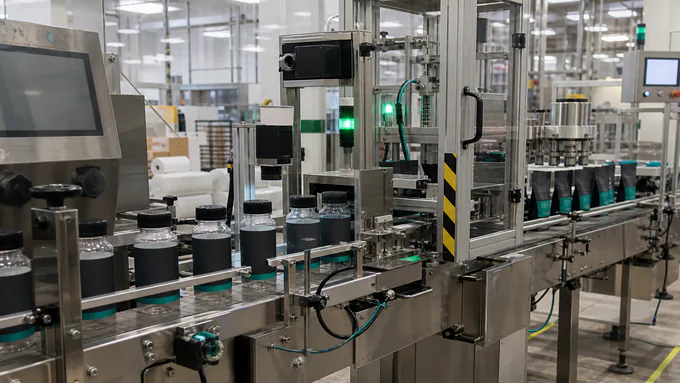 Automated supplement packaging line with bottles and pouches moving through clean quality checkpoints