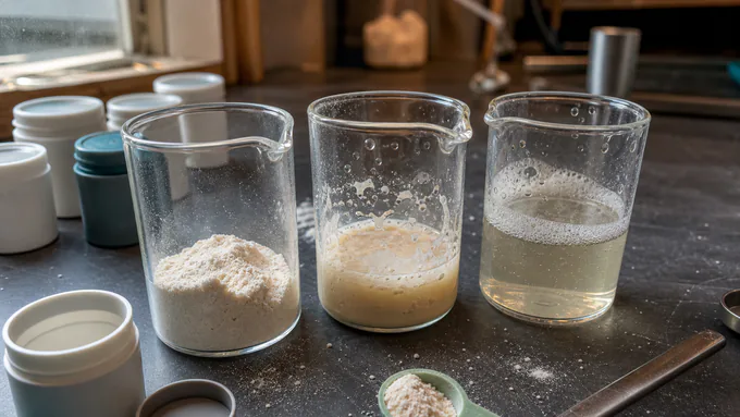 Beakers with flavor variations and blank sample containers prepared for taste and solubility evaluation
