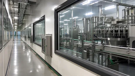 Bright modern supplement manufacturing corridor with clean floors and stainless equipment visible through glass