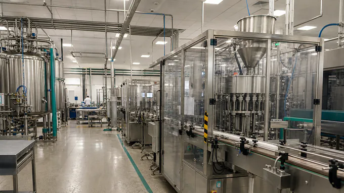 Modern supplement manufacturing plant with clean equipment, organized lines, and controlled work areas.