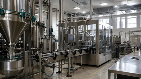 Clean modern supplement manufacturing facility interior with stainless equipment and organized production areas