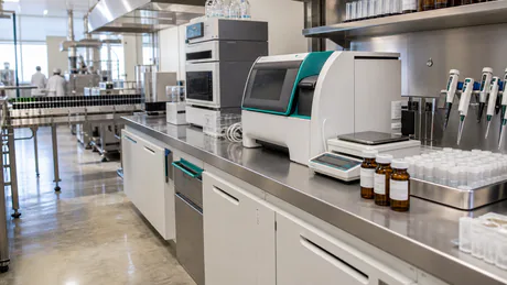 Clean supplement quality assurance lab with testing equipment, sample containers, and sterile stainless work surfaces