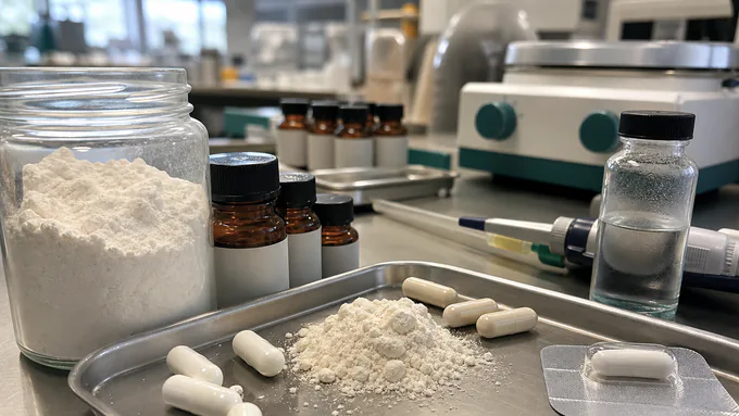 Clean supplement quality control lab with testing equipment, organized sample containers, and sterile work surfaces