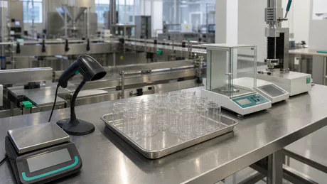 Clean supplement quality lab workstation with testing equipment, scanner, and blank sample containers