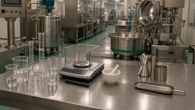 Clean supplement R&D bench with glassware and stainless equipment in a GMP facility