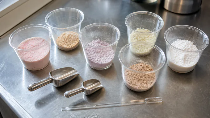 Clear cups of flavored powder drink prototypes arranged in a clean sensory testing setup without scorecards