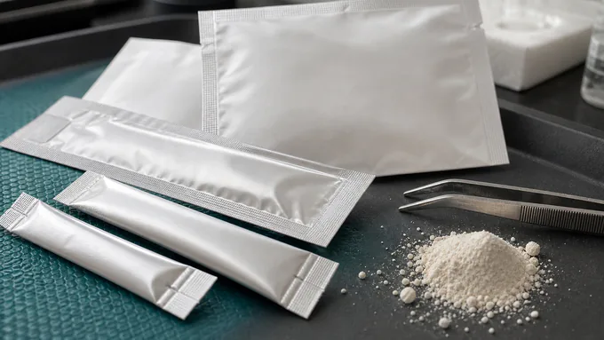 Close-up of blank supplement sachets and stick packs arranged with precise seals and easy-tear notches