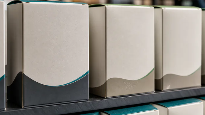 Close-up of premium blank supplement retail cartons with matte and glossy finishes arranged for shelf display