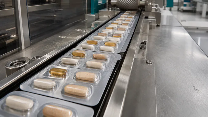 Close-up of unlabeled supplement blister packs with tablets and capsules aligned in a sterile cleanroom packaging line