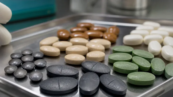 Coated tablets arranged by color and size for packaging verification