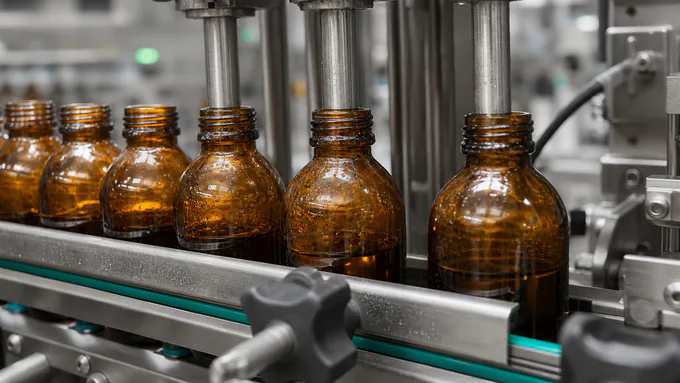 Filling line with amber bottles and clean automated equipment for liquid supplements
