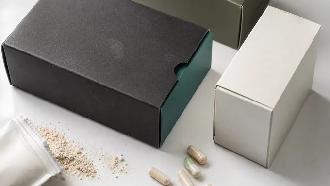 Flat lay of blank supplement retail cartons with premium finishes on a clean white background