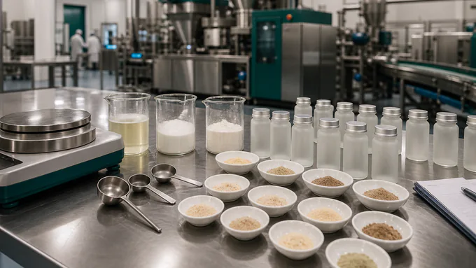 Flavor development bench with powder aroma samples arranged beside clean lab equipment