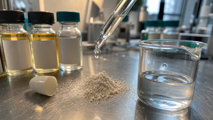 Flavor development lab with beakers, droppers, and aroma vials on a clean stainless bench