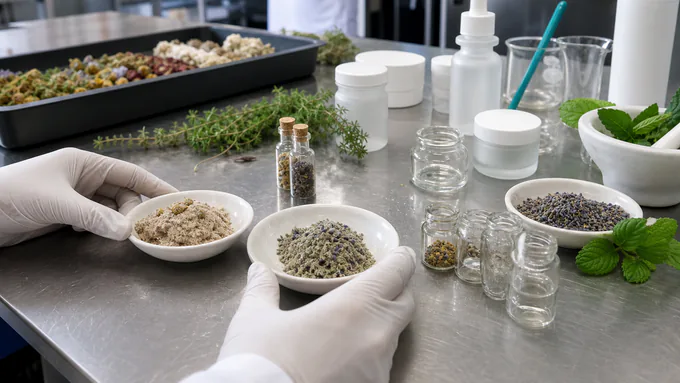 Formulation scientist comparing trial blend samples with blank containers on a stainless table