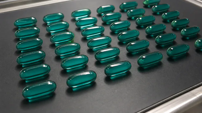 Glossy softgels with consistent color and shape arranged for visual inspection