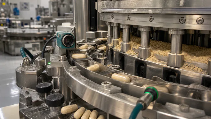 High-speed capsule filling line with automated in-process checks in a clean manufacturing facility