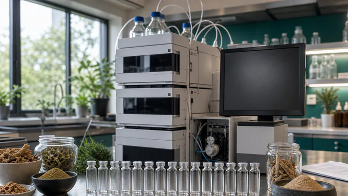 HPLC workstation with blank ingredient sample vials arranged on a clean stainless lab bench