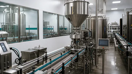 Modern supplement manufacturing quality control environment with clean stainless equipment and controlled production areas