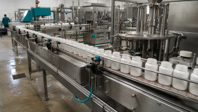 Modern supplement packaging line with white bottles on a stainless conveyor in a clean production facility.