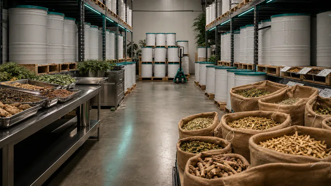Organized cGMP warehouse aisle with blank ingredient drums and clean teal-accented lighting
