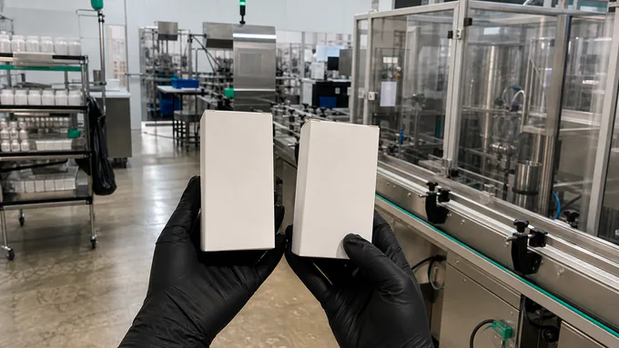Packaging engineer reviewing unlabeled supplement carton samples near clean production equipment