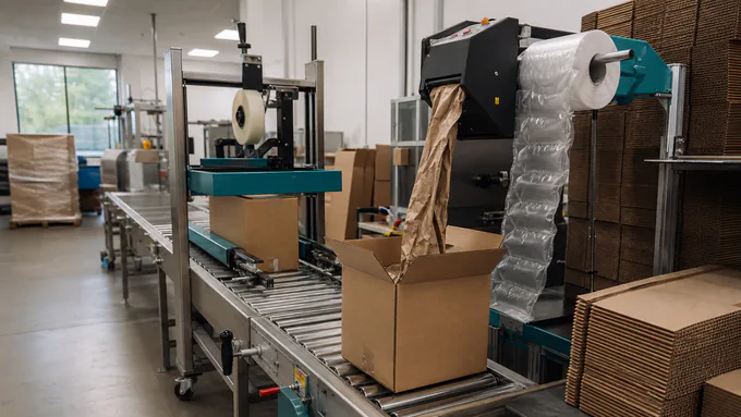 Packing station with void fill, case sealer, and blank cartons prepared for DTC and retail orders