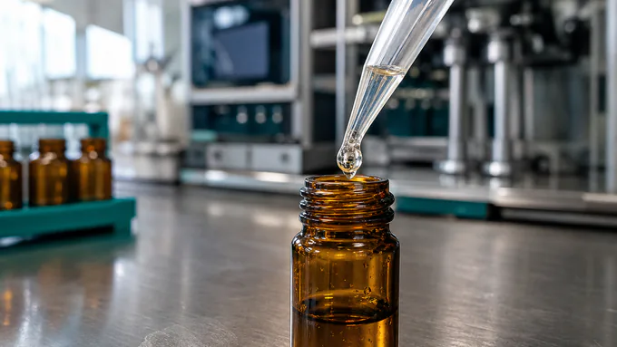Pipette dispensing natural flavor into an amber vial with blurred analytical equipment in the background