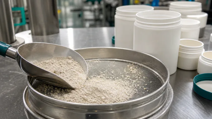 Powder blending and sieving setup with scoop and blank containers on a stainless production table