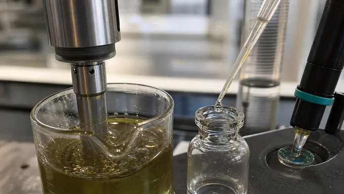 Quality control setup for liquid supplements with viscosity, pH, and fill volume testing equipment