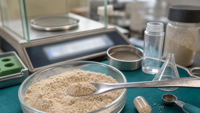 Quality control setup for powder supplements with blend uniformity and net contents testing equipment