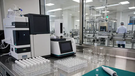Quality control technician testing supplements in a controlled lab with analytical equipment and blank sample containers