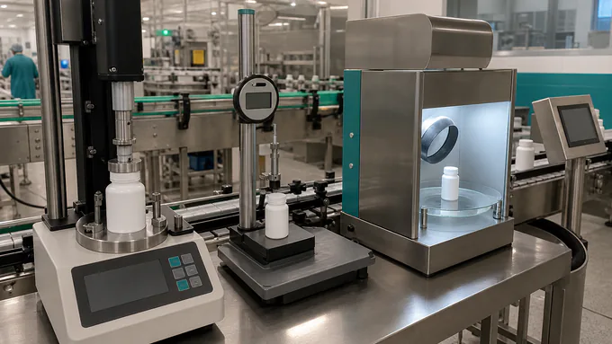 Quality inspection of bottle torque, cap fit, and seal integrity on a clean supplement packaging line