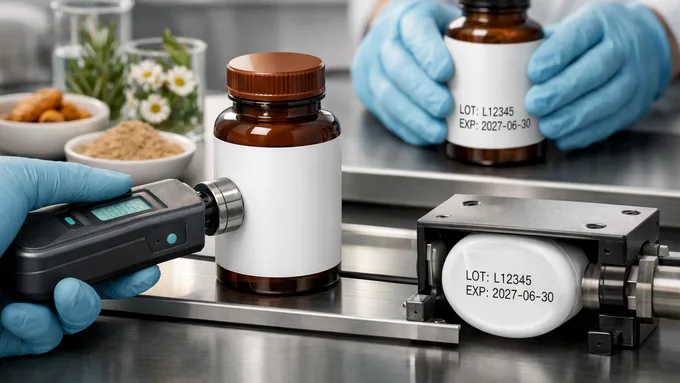 Quality inspection of bottle torque, label alignment, and lot/expiry coding on a supplement line