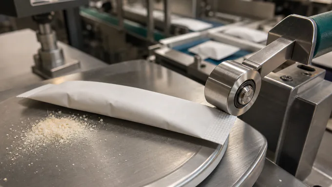 Quality inspection of stick pack seal integrity and fill weight checks on a clean packaging line