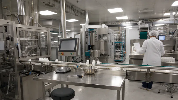Quality manager reviewing blank packaging samples and production release materials in a clean facility setting