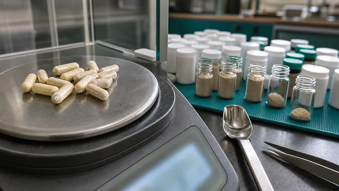Quality review of capsules with weight-check equipment and organized sample containers in a clean lab