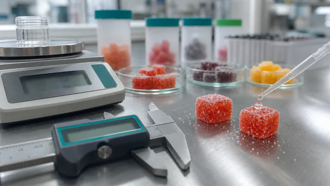 Quality review of gummies with testing equipment and organized sample containers in a clean lab