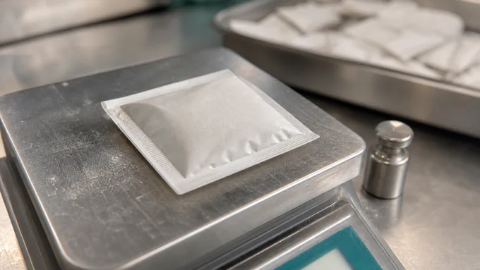 Quality review of sealed blank sachets with weight verification during packaging inspection