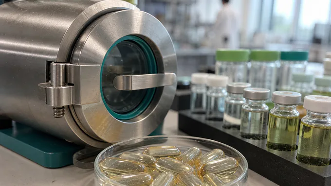 Quality review of softgels with leak-test equipment and organized sample containers in a clean lab