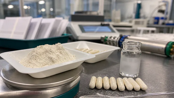 Quality review setup for pilot batches with yield samples and analytical equipment in a clean R&D lab