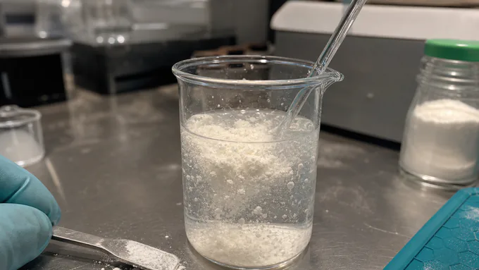 R&D specialist evaluating solubility and mouthfeel of a new drink mix powder in a clean lab setup