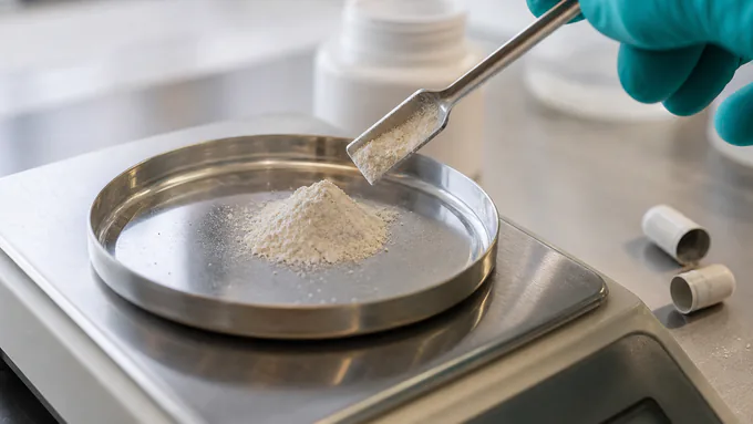 R&D specialist measuring powdered actives for a new supplement formula at a clean lab bench