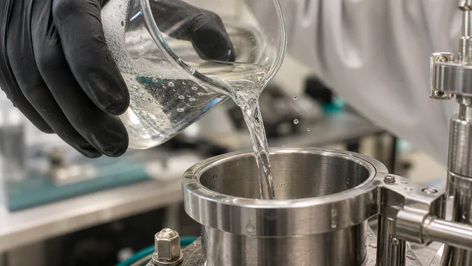 R&D technologist pouring a clear liquid supplement from a beaker in a clean scale-up lab without paperwork